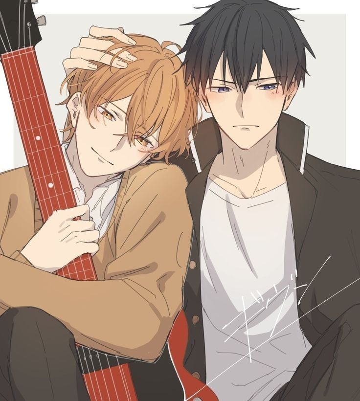 two anime characters are posing for the camera, one is holding an electric guitar and the other has his hand on his shoulder