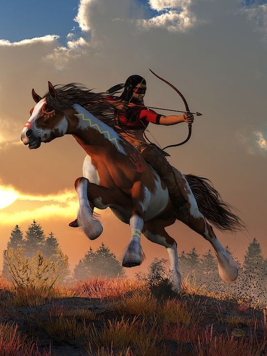 a native american man riding on the back of a brown and white horse with a bow