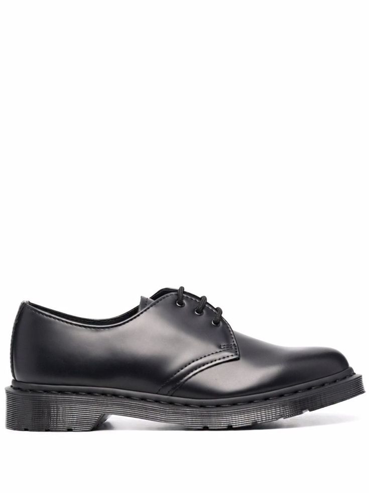 Black leather 1461 Mono 3-Eye lace-up shoes from DR. MARTENS featuring tonal stitching, eyelet detailing, almond toe, front lace-up fastening, low block heel and ridged rubber sole. 3rd Eye, Low Block Heels, Derby Shoes, Up Shoes, Shoes Black, Dr. Martens, Lace Up Shoes, Lace Front, Black Shoes