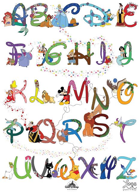 the letters are made up of cartoon characters