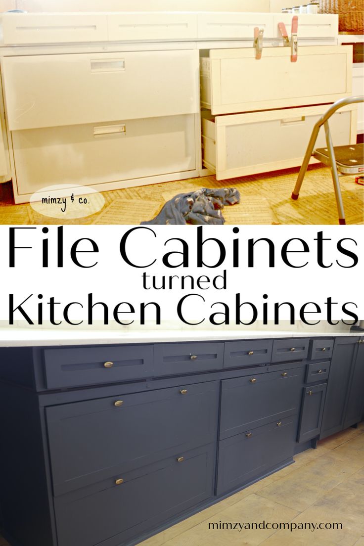 the kitchen cabinets are painted blue and white