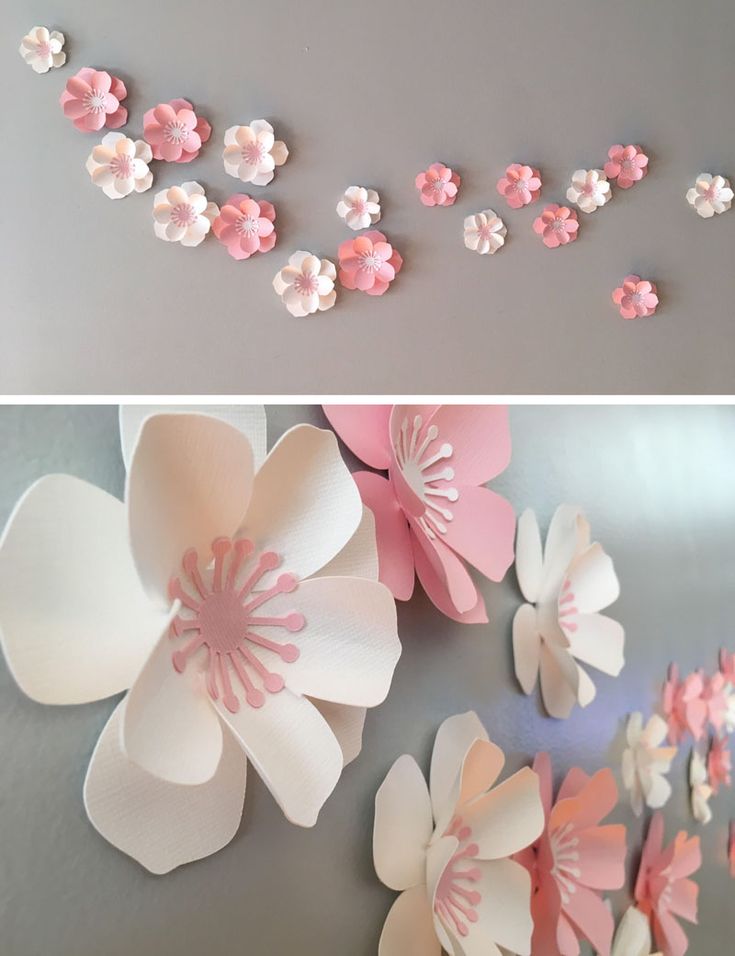 paper flowers are arranged on the wall and placed in different directions to make it look like they