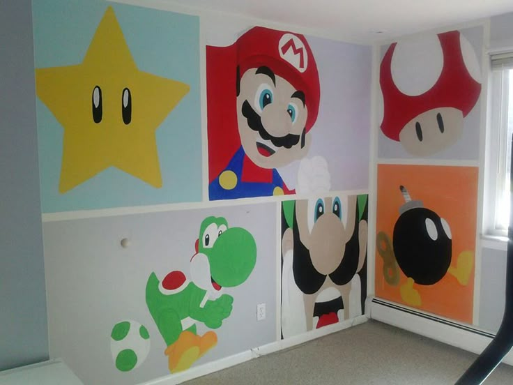 there are many different pictures on the wall in this child's room, including mario and luigi