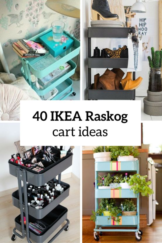 four different images with the words ikea raskog cart ideas on them and pictures of various items