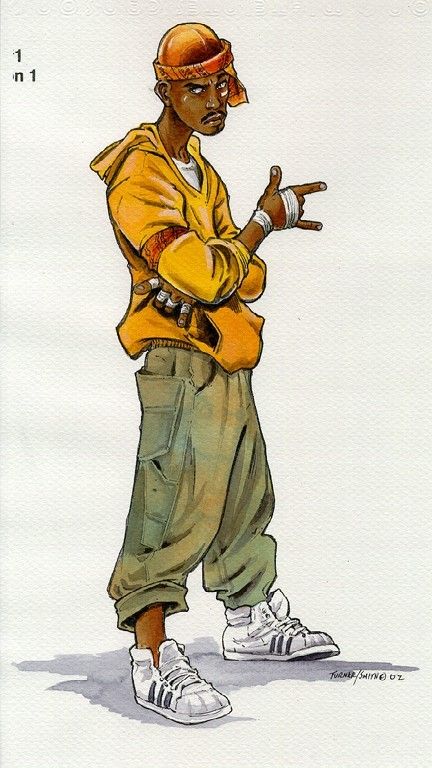 a drawing of a man in yellow jacket and white shoes standing with his arms crossed