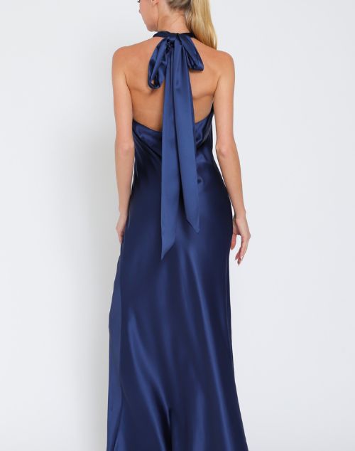 Serena Cowl Neck Satin Maxi Dress An elegant cowl neck tie halter satin maxi dress. FABRIC: 100% Polyester Prom Dress Halter Neck, Navy Halter Dress, Navy Blue Bridesmaids, Crop Top Jacket, Satin Dress Long, Prom Dress Inspiration, Maxi Dress Navy, Satin Maxi, Dress Inspiration