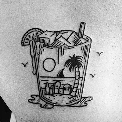 a black and white photo of a drink on the chest