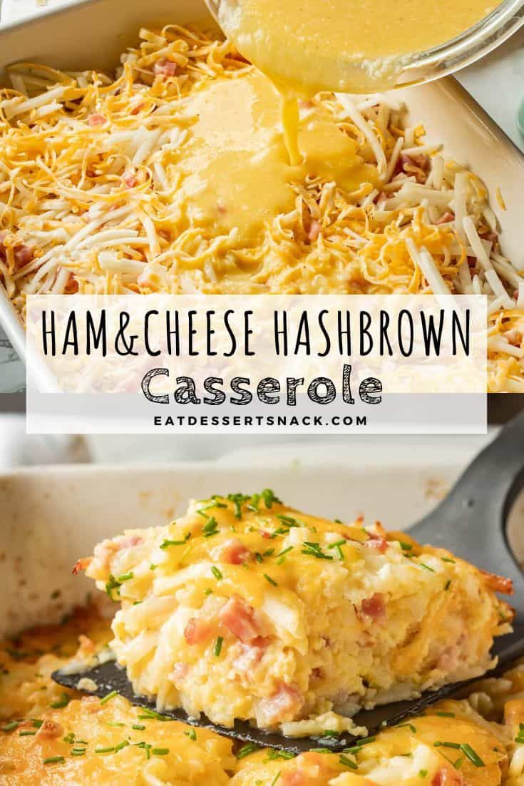 ham and cheese hashbrown casserole in a white dish with a serving spoon