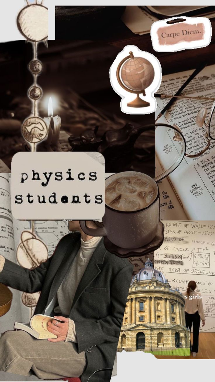 a collage of photos with the words physics students on them and an image of a man sitting in a chair