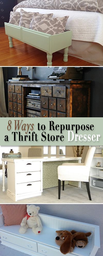 there are many different types of furniture in this collage with the words 8 ways to repurpose a thrift store dresser