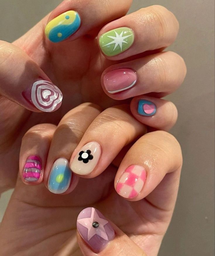 Different Color Gel Nails, Txt Nails, Retro Nails, Hello Nails, Hippie Nails, Pretty Gel Nails, Cute Gel Nails, Soft Nails, Kawaii Nails