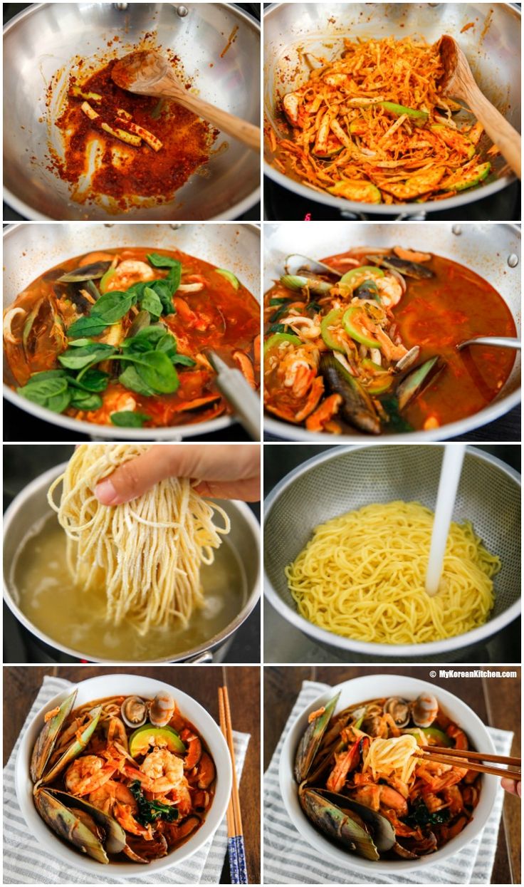 Homemade Korean spicy seafood noodle soup (Jjamppong) - A popular Korean Chinese… Jjampong Recipe, Korean Noodle Dishes, Koreansk Mad, Chinese Noodle Dishes, Spicy Seafood, Pho Soup, Korean Kitchen, Asian Noodle, Noodle Dish