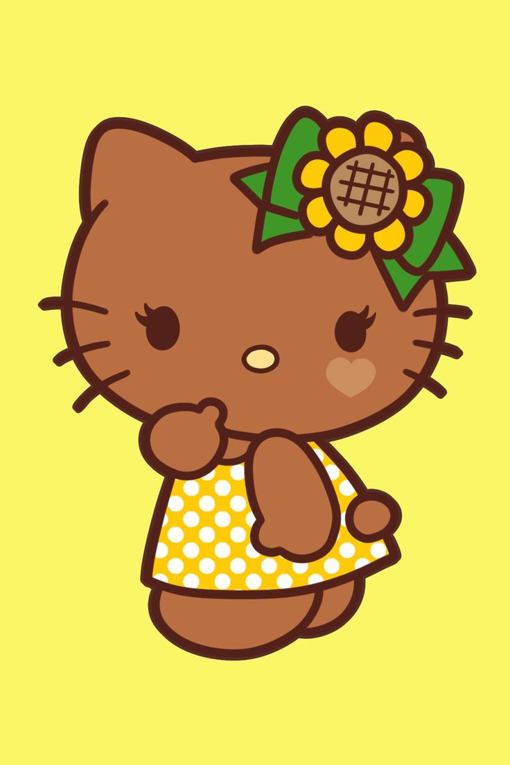 a cartoon cat with a flower on her head and yellow dress, standing in front of a