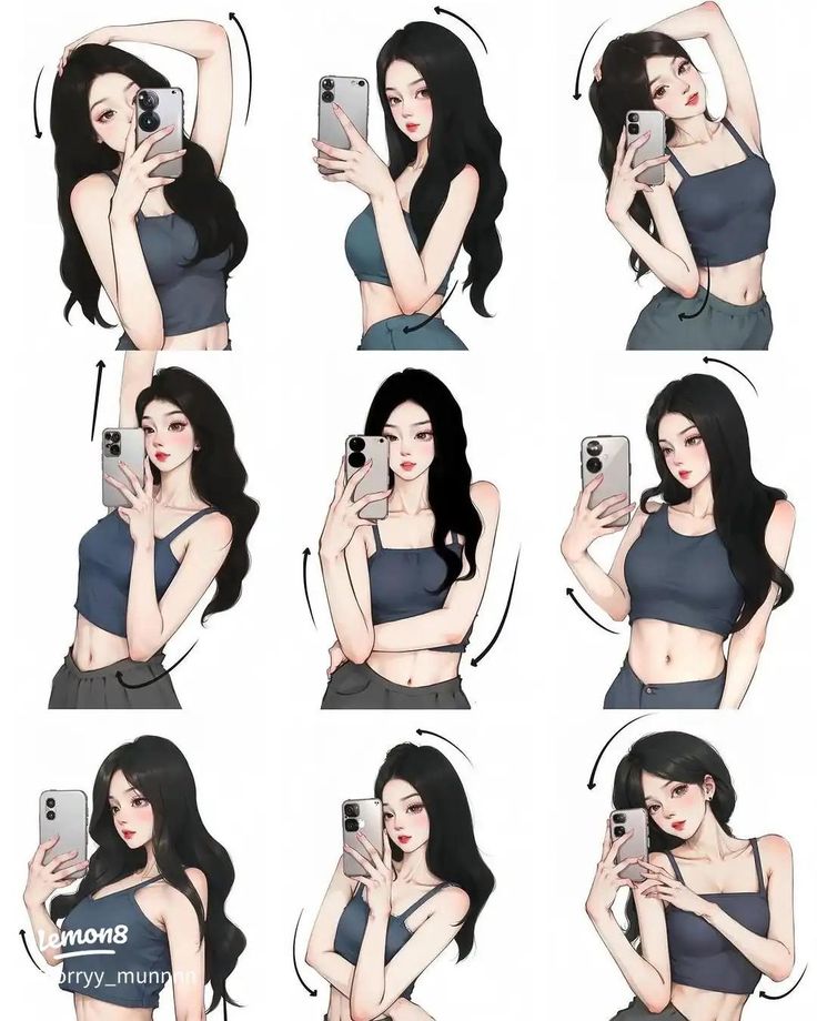 a woman taking a selfie with her cell phone in six different poses, all showing the same amount of hair