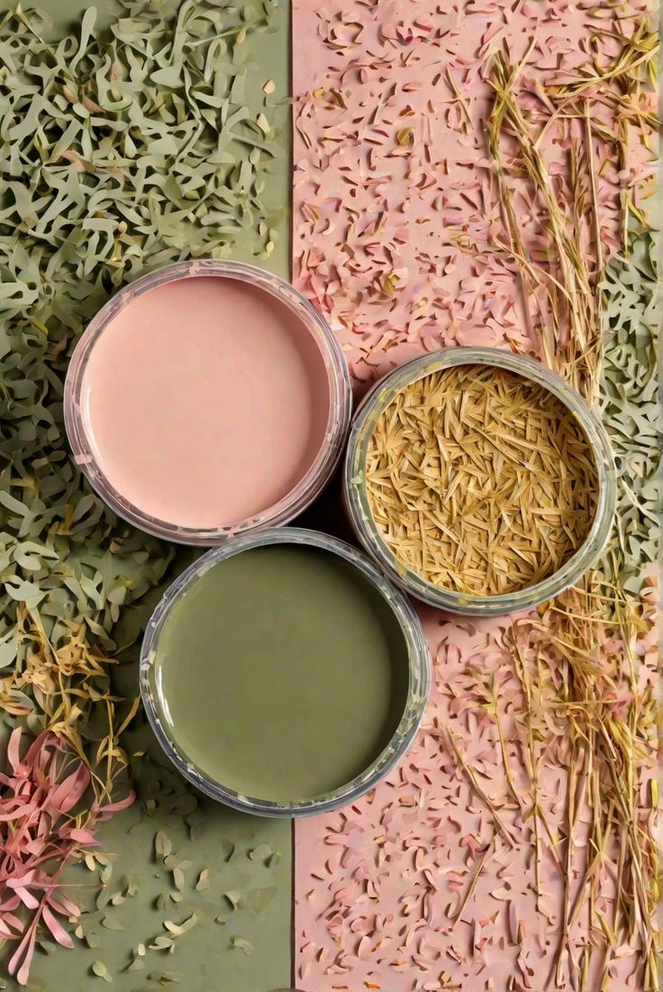 three tins of paint sitting on top of a pink and green surface with sprinkles