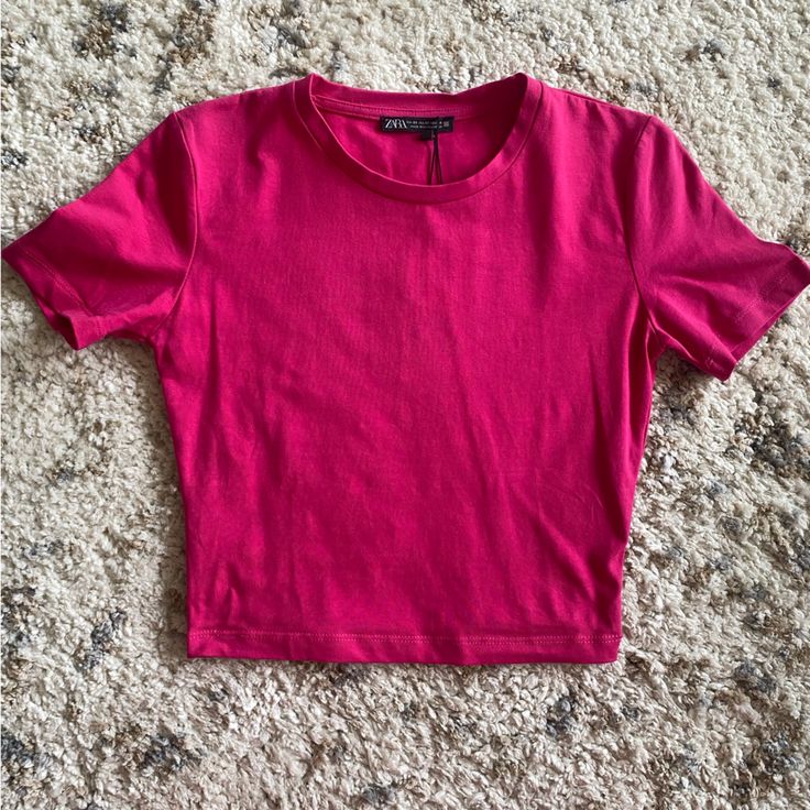 Zara Hot Pink Fitted T-Shirt, Size Xs, New, Never Worn Must Be Sold By Thursday Evening! Make Offers! Pink Casual Crop Top T-shirt, Zara Pink Casual T-shirt, Zara Basic Stretch T-shirt, Zara Basic Short Sleeve Crop Top, Casual Pink Crop Top T-shirt, Basic Fitted Crop Top T-shirt, Zara Basic Cotton Top, Zara Stretch Short Sleeve T-shirt, Zara Trendy Short Sleeve Tops