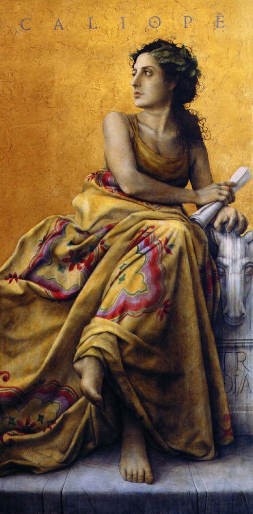 a painting of a woman sitting on top of a stone bench next to a yellow wall