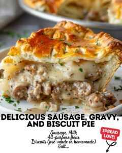 the cover of delicious sausage, gravy and biscuit pie is shown on a plate