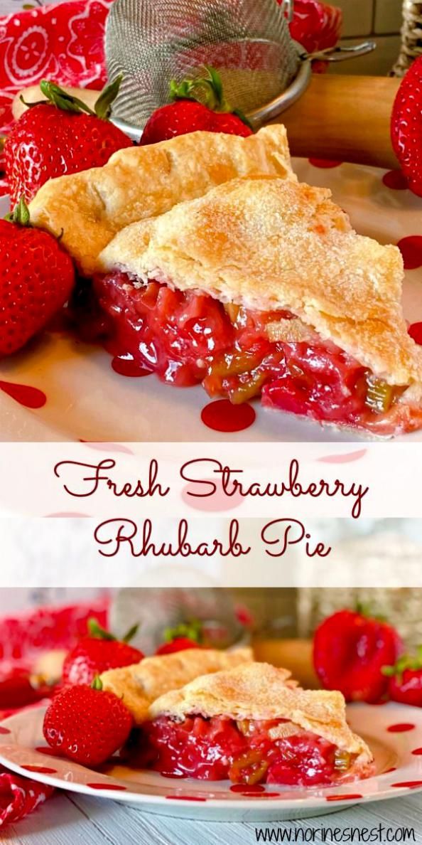 fresh strawberry rhubarb pie on a plate with strawberries