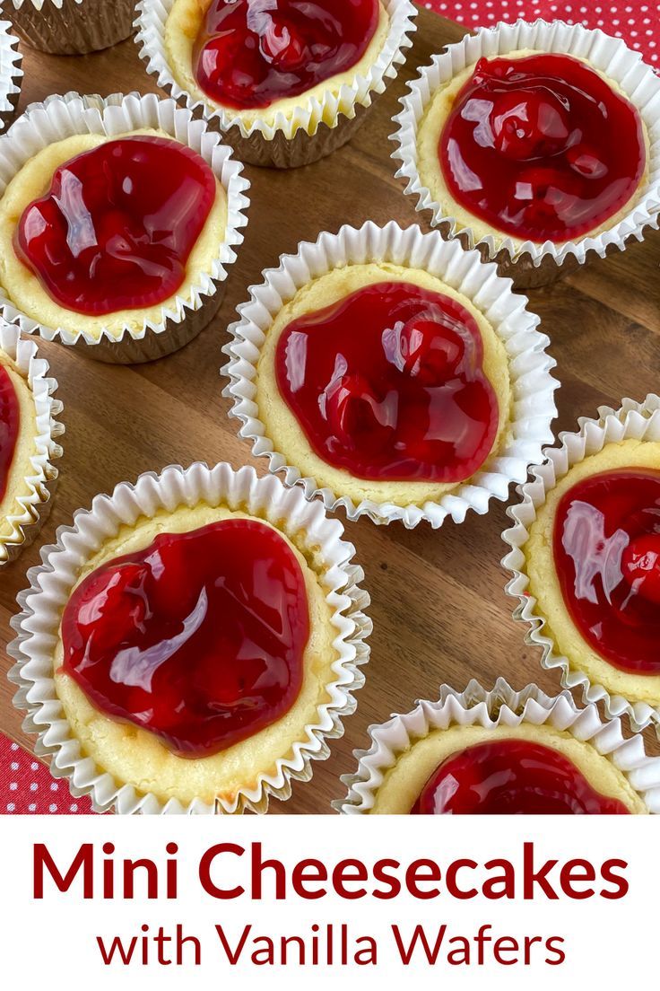 mini cheesecakes with vanilla wafers on a wooden board and text overlay