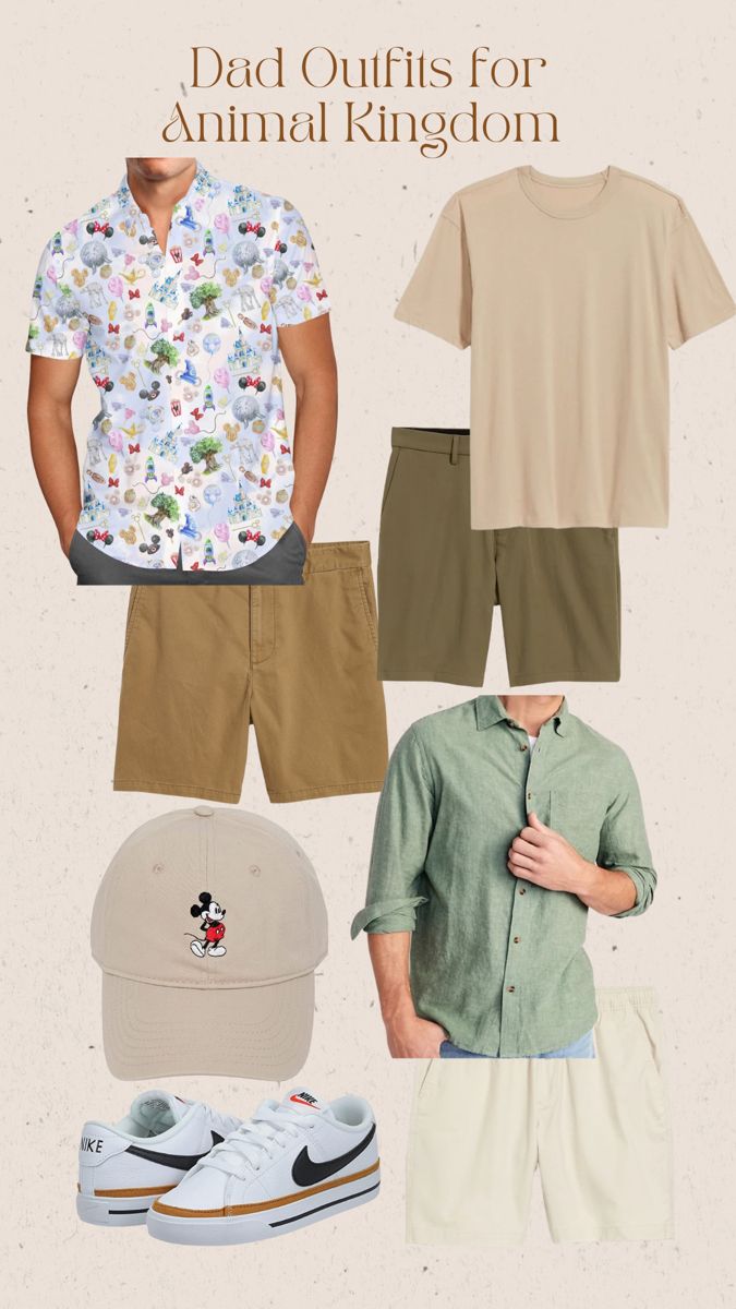 a man in shorts, shirt and baseball cap with the words dad outfits for animal kingdom