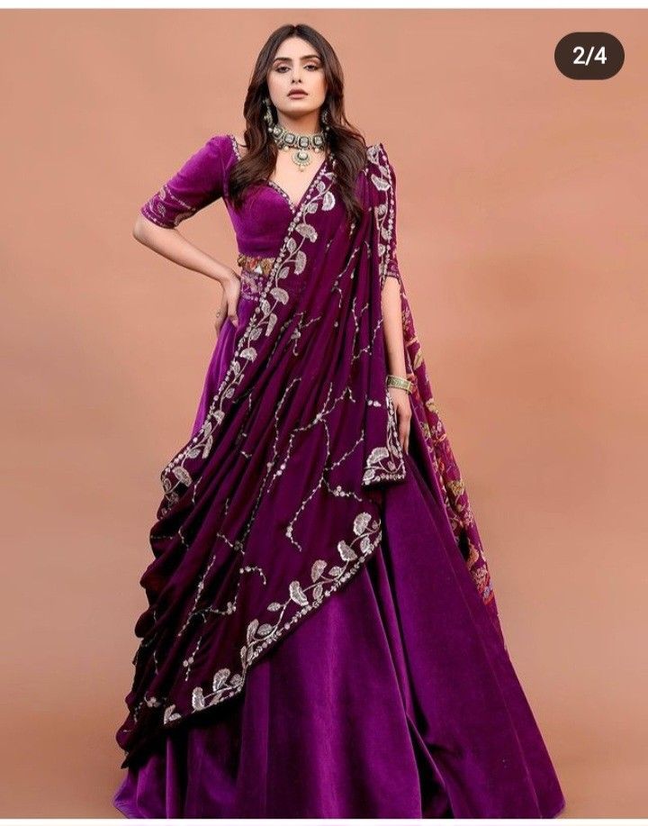 Dark Purple Indian Outfit, Rani Colour Blouse Design, Wine Colour Lehenga Color Combos, Dupatta Draping Styles Lehenga Choli, Simple Lehenga, Indian Outfits Lehenga, Long Gown Design, Wedding Lehenga Designs, Lehenga Designs Simple