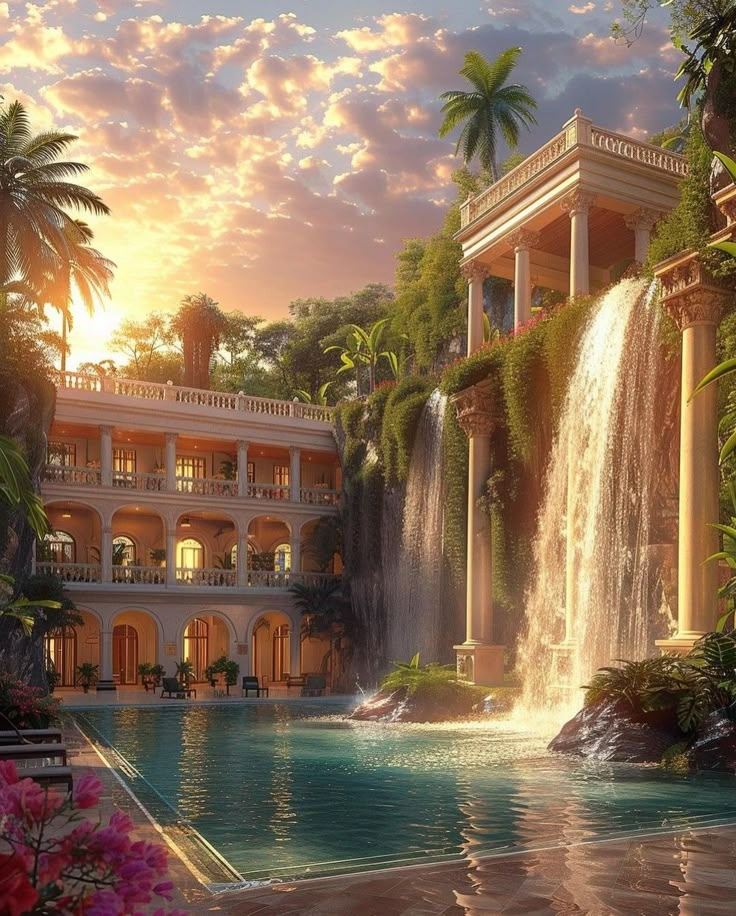 an artist's rendering of a hotel with a waterfall in the pool and palm trees surrounding it