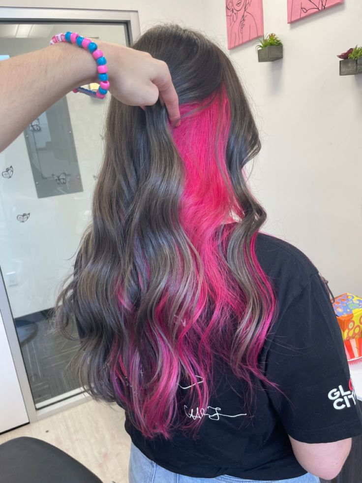 Peekaboo Hair Color Magenta, Brown Hair With Pink Extensions, Hot Pink Peak A Boo Hair, Neon Pink Peekaboo Hair, Pink Undercolor Hair, Bright Peekaboo Hair, Peekaboo Dyed Hair For Brunettes, Underneath Pink Dyed Hair, Dark Brown With Pink Underneath