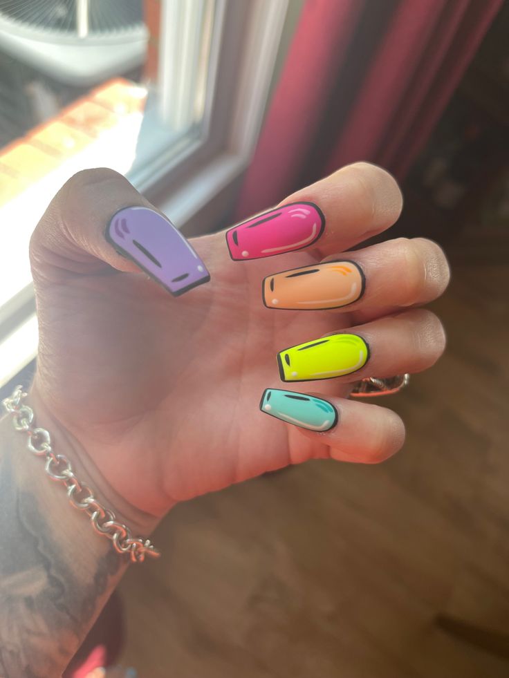 Cartoon/ pop art nails White Pop Art Nails, Nail Ideas Cartoon, Cartoon Looking Nails, Acrylic Nails Cartoon Art Designs, Nails Acrylic Cartoon, Pop Art Acrylic Nails, Short Cartoon Nails, Cartoon Nails Design, Comic Book Nails Designs