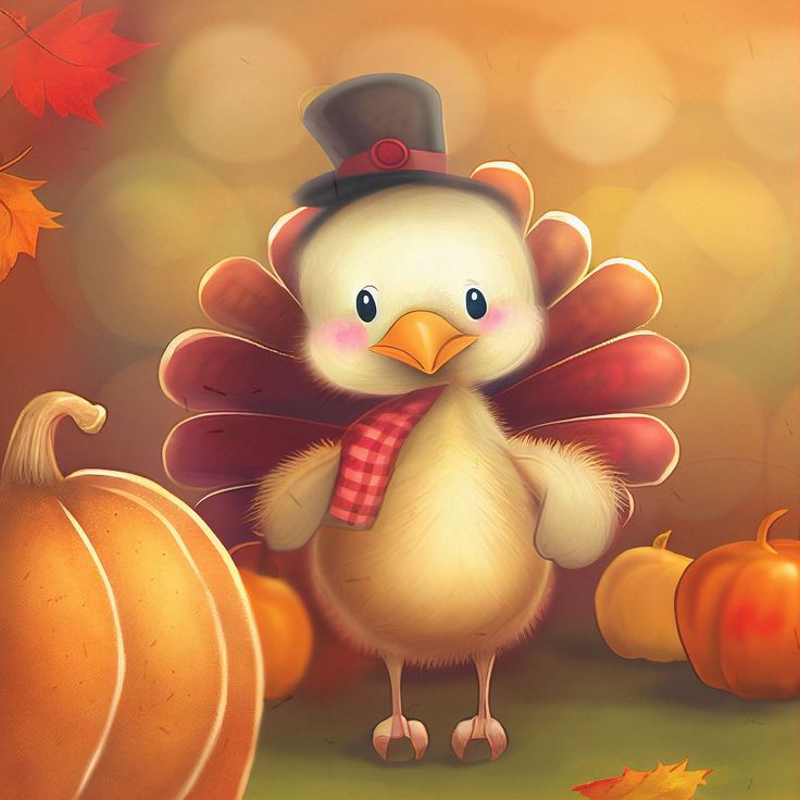 a chicken wearing a top hat and scarf standing next to pumpkins in the fall