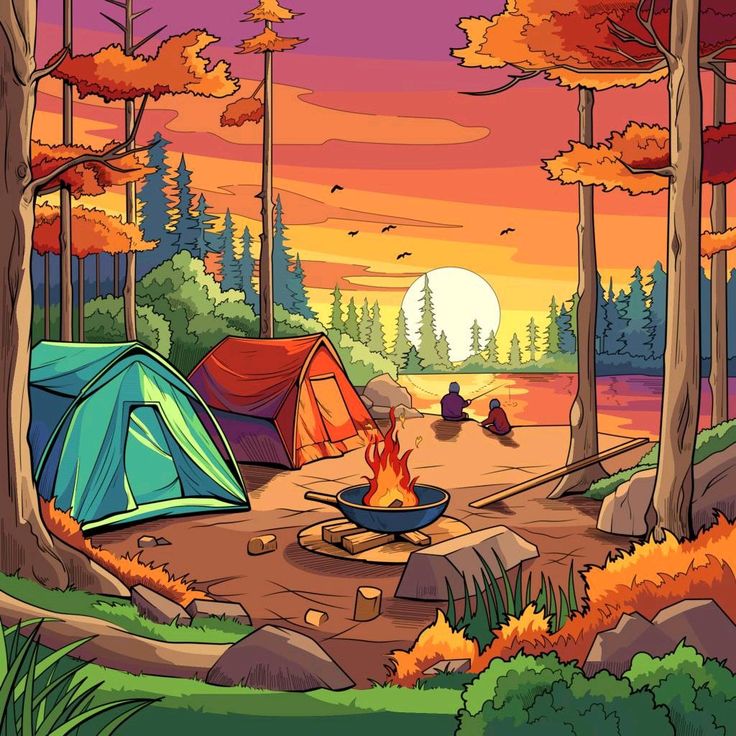 a camp site with tents and fire in the woods