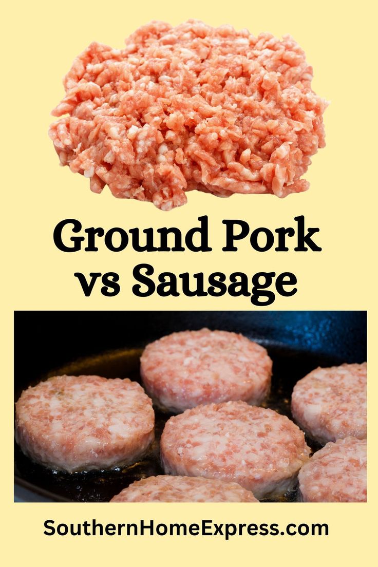 ground pork and sausage cooking in a skillet with the words ground pork versus sausage