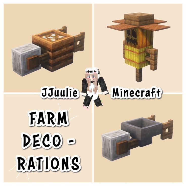 four different types of farm decorations in minecraft with text that reads, jujulie, farm deco - raiions