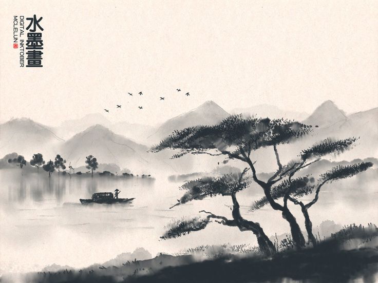 a painting of a boat on a lake with mountains in the background and birds flying overhead