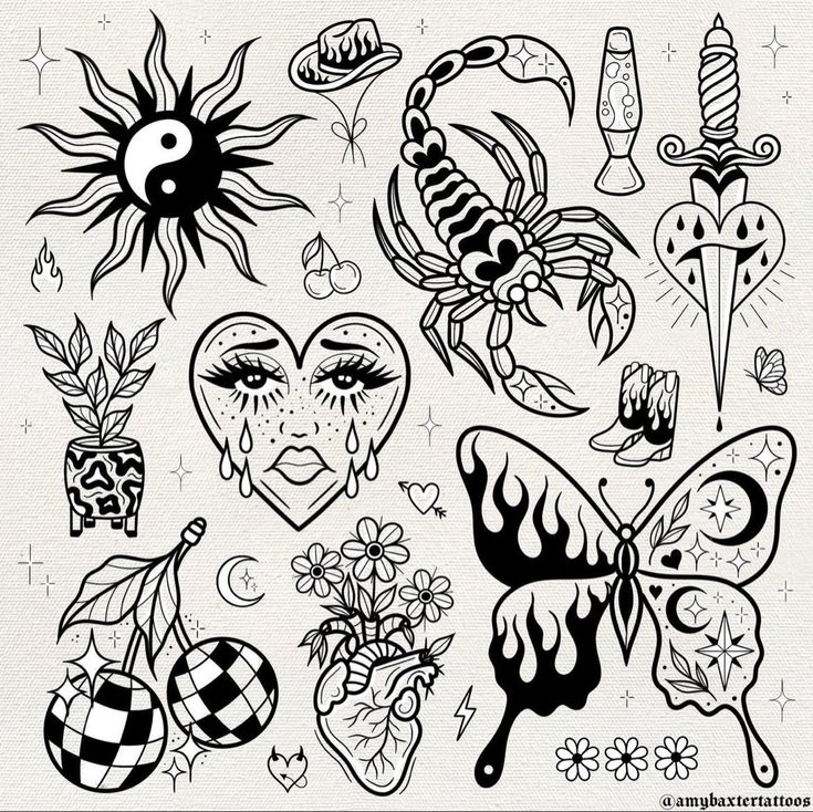 an assortment of tattoos on a white paper with black and white ink, including butterflies, hearts