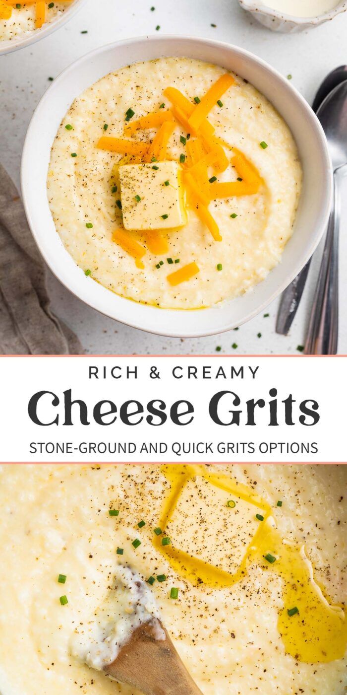 a bowl of cheese grits with a spoon in it and two bowls full of them