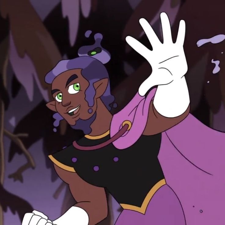 an animated character with purple hair and green eyes, holding out her hand in front of the camera