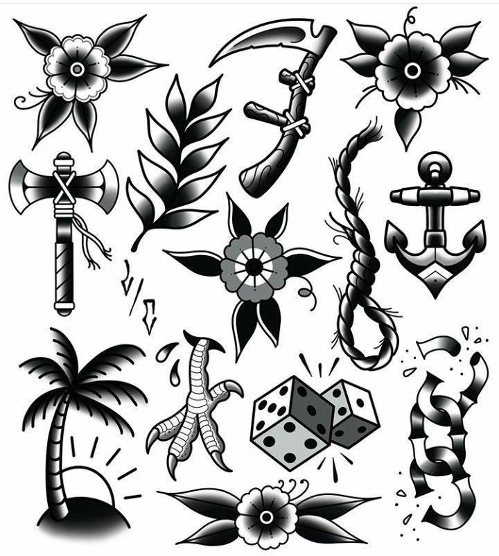 an assortment of tattoo designs including flowers, anchor, roses and other things in black and white