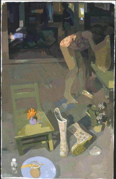 a painting of a person bending over in front of a table with flowers on it