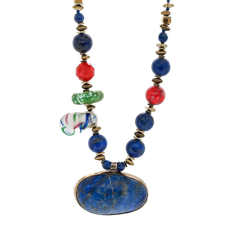 Unique chunky necklace featuring a large lapis lazuli pendant and assorted beads, including gold hematite, turquoise, coral, and varacite April Birthstone Jewelry, March Birthstone Jewelry, Lapis Lazuli Pendant, Lapis Lazuli Gemstone, Hematite Stone, Lapis Lazuli Stone, Vintage Elegance, Vintage Pendant, Pearl Jewellery Earrings