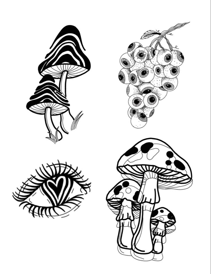 four different types of mushrooms and eyeballs on a white background, each with black ink