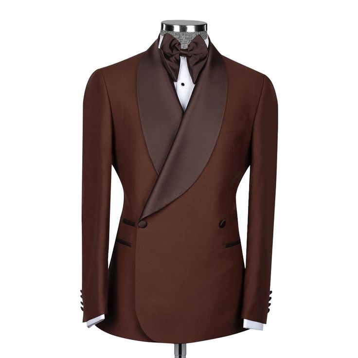 Brown Three-piece Wedding Suit, Brown Tuxedo Suit For Wedding, Brown Elegant Wedding Tuxedo, Elegant Brown Wedding Blazer, Brown Tailored Tuxedo For Wedding, Tailored Three-piece Suit For Wedding With Long Sleeves, Brown Three-piece Suit With Notch Lapel For Wedding, Brown Notch Lapel Three-piece Suit For Wedding, Elegant Sets With Lapel Collar And Buttons