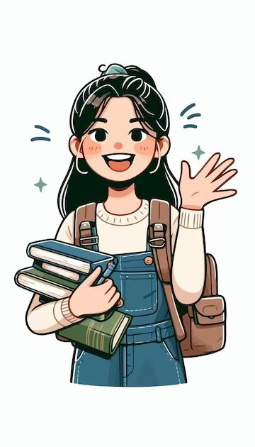 a cartoon girl holding books and waving