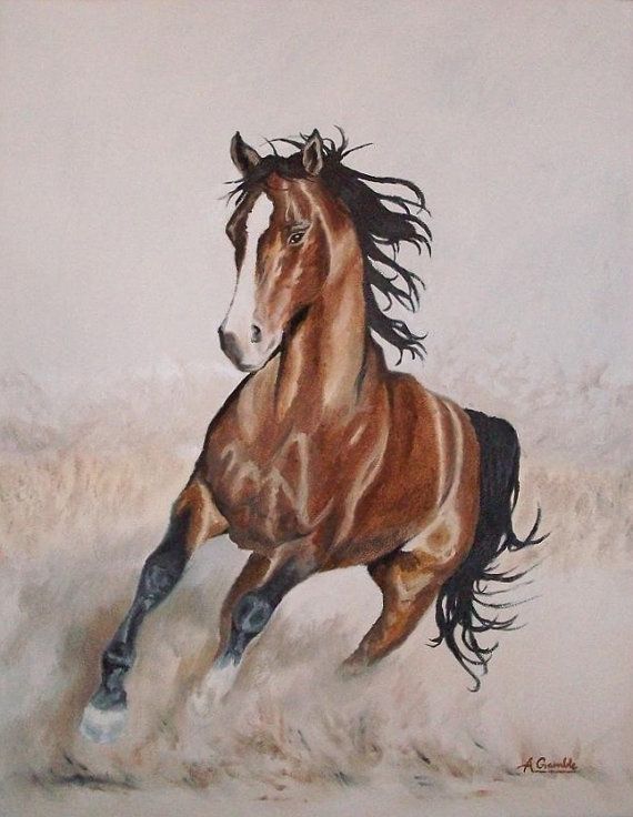 a painting of a brown horse running in the sand with its hair blowing in the wind