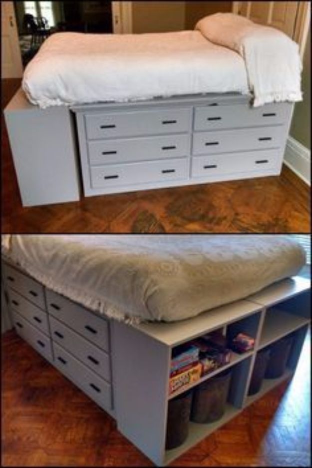 two pictures of a bed with drawers underneath it