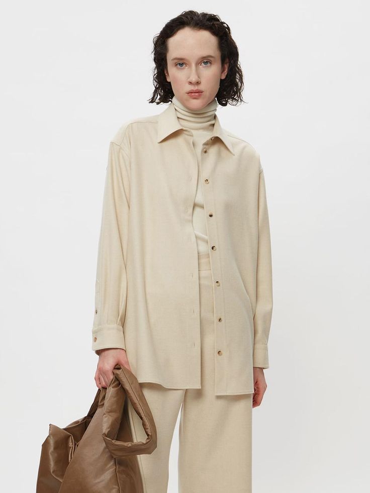 Composition : 90% Wool, 10% CashmereColor : Beige,CharcoalCountry of Origin : Republic of Korea Elegant Oversized Shirt With Spread Collar, Elegant Oversized Spread Collar Shirt, Fall Oversized Top With Spread Collar, Neutral Fall Blouse For Daywear, Neutral Fall Daywear Blouse, Neutral Blouse For Fall Daywear, Spread Collar Tops For Fall Daywear, Fall Daywear Tops With Spread Collar, Oversized Shirt With Spread Collar For Fall