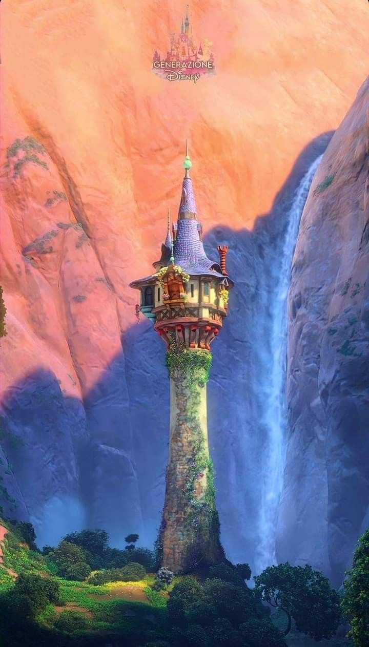 a painting of a tower in the middle of a mountain with a waterfall behind it