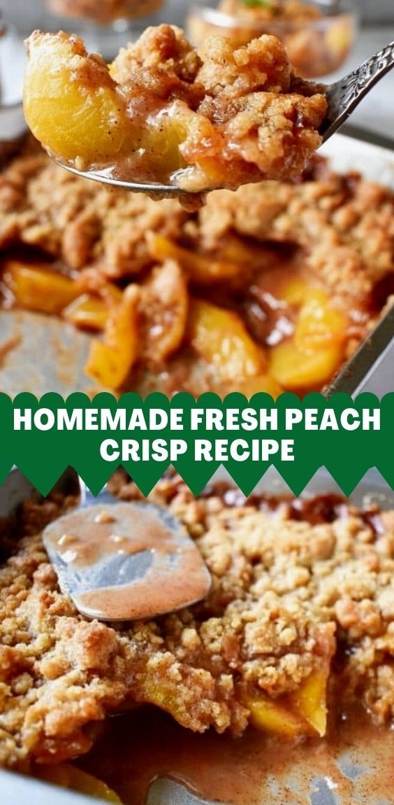 homemade fresh peach crisp recipe on a spoon