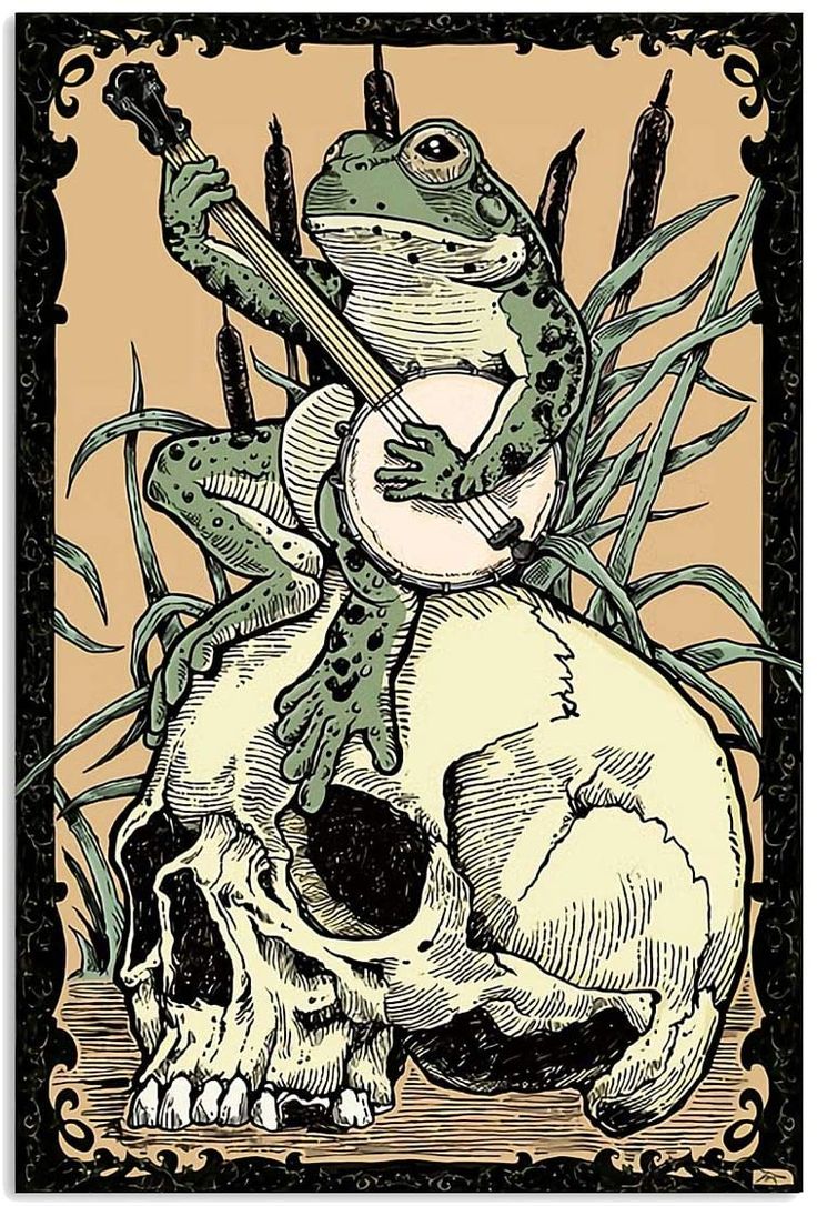 a frog sitting on top of a skull with a guitar in it's mouth