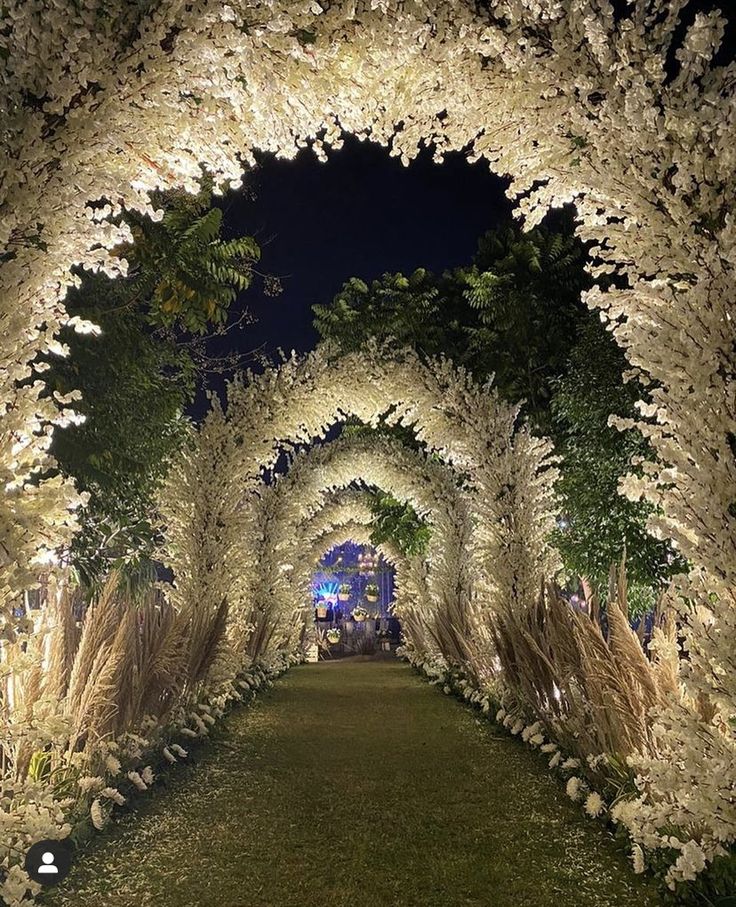 an archway is lit up with white flowers and greenery on both sides at night